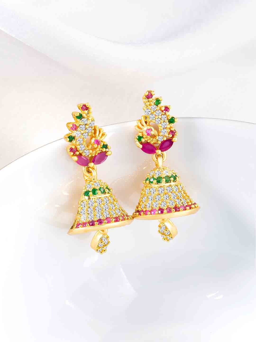 

Peora Gold-Plated Cubic Zirconia Peacock Shaped Jhumkas, Pink