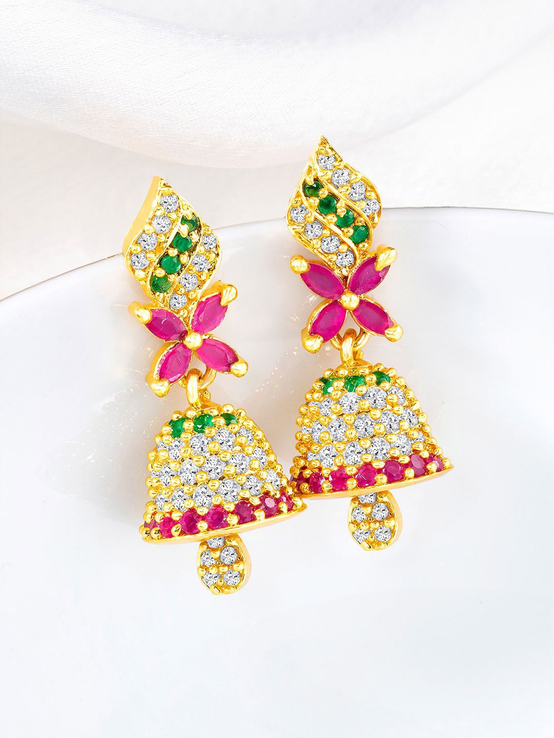 

Peora Gold-Plated Cubic Zirconia Studded Floral Jhumkas