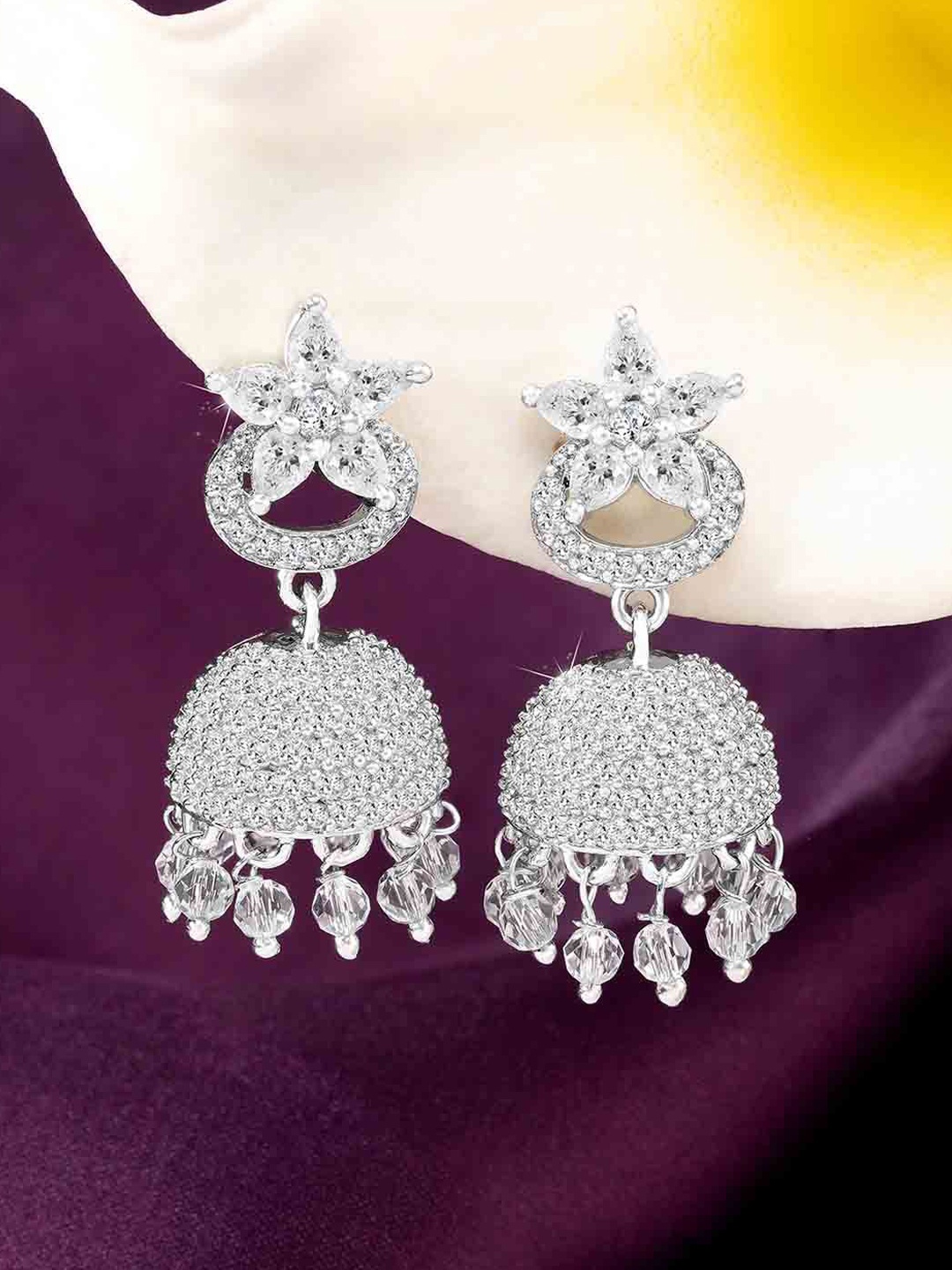 

Peora Silver-Plated Cubic Zirconia Studded Dome Shaped Jhumkas