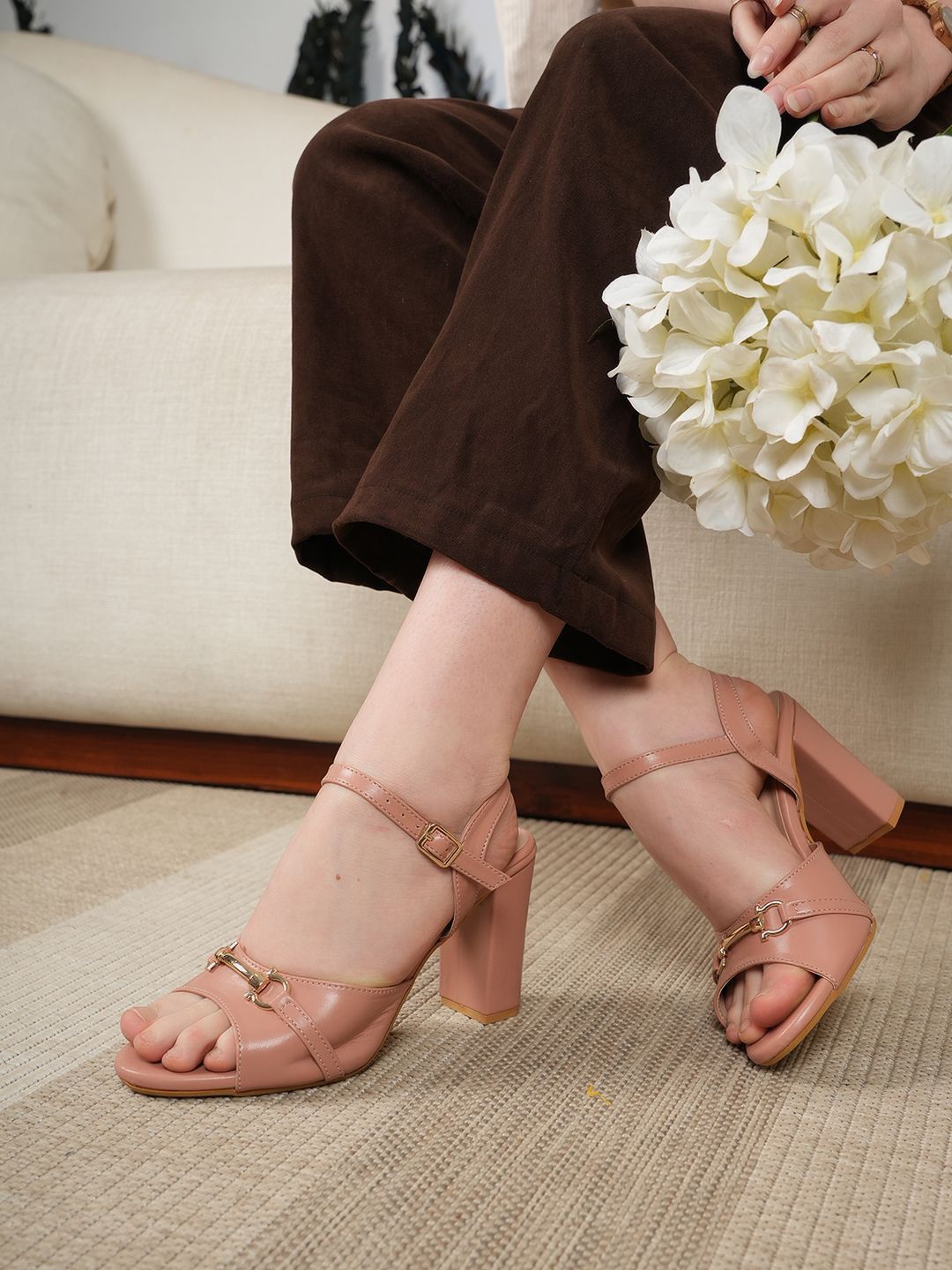 

Mast & Harbour Women Party Open Toe Block Sandals with Buckles, Peach