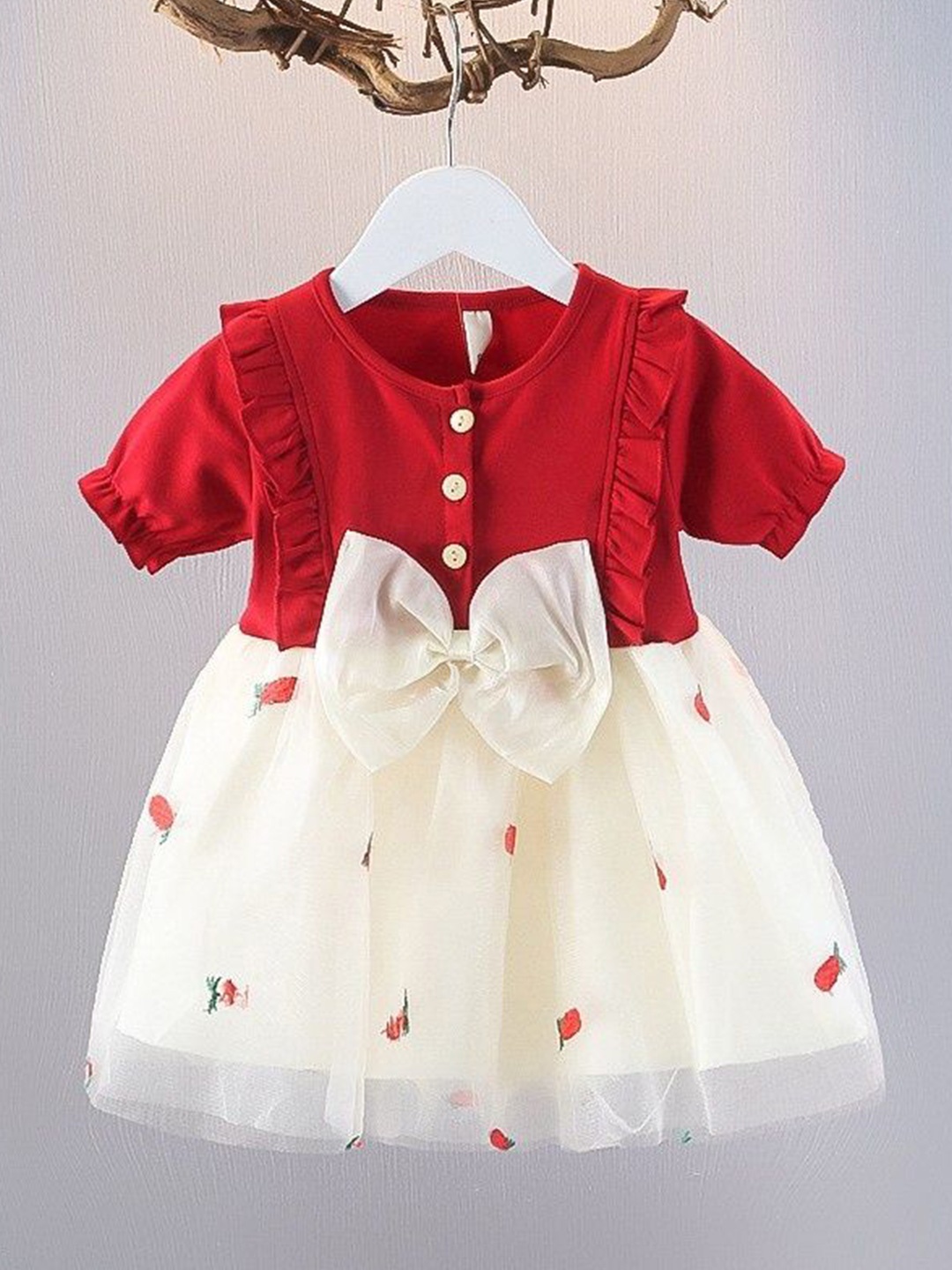 

YK Girls Cotton Round Neck Embellished Fit & Flare Dress, Red