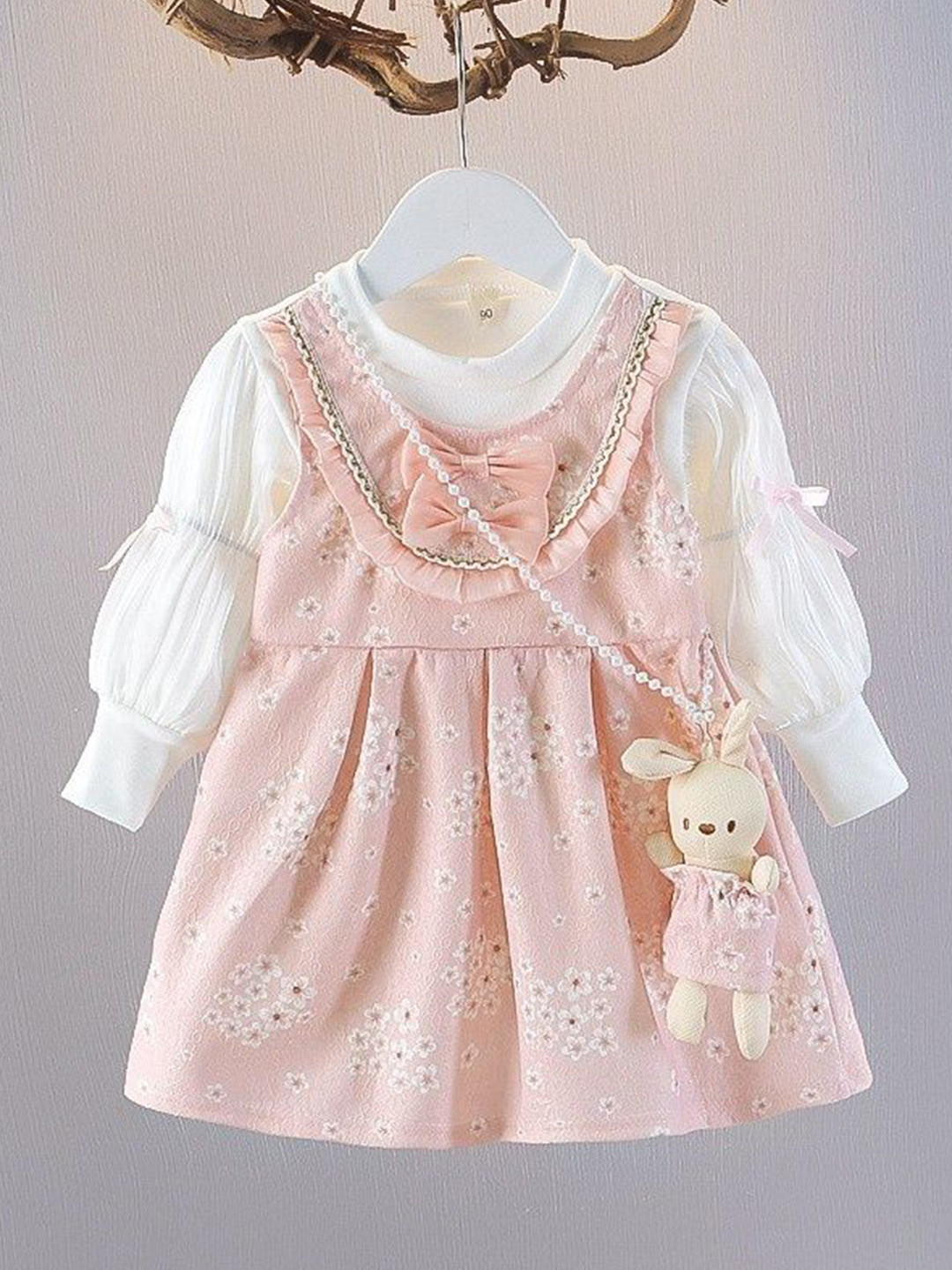 

YK Girls Cotton Self Design Fit & Flare Dress, Pink