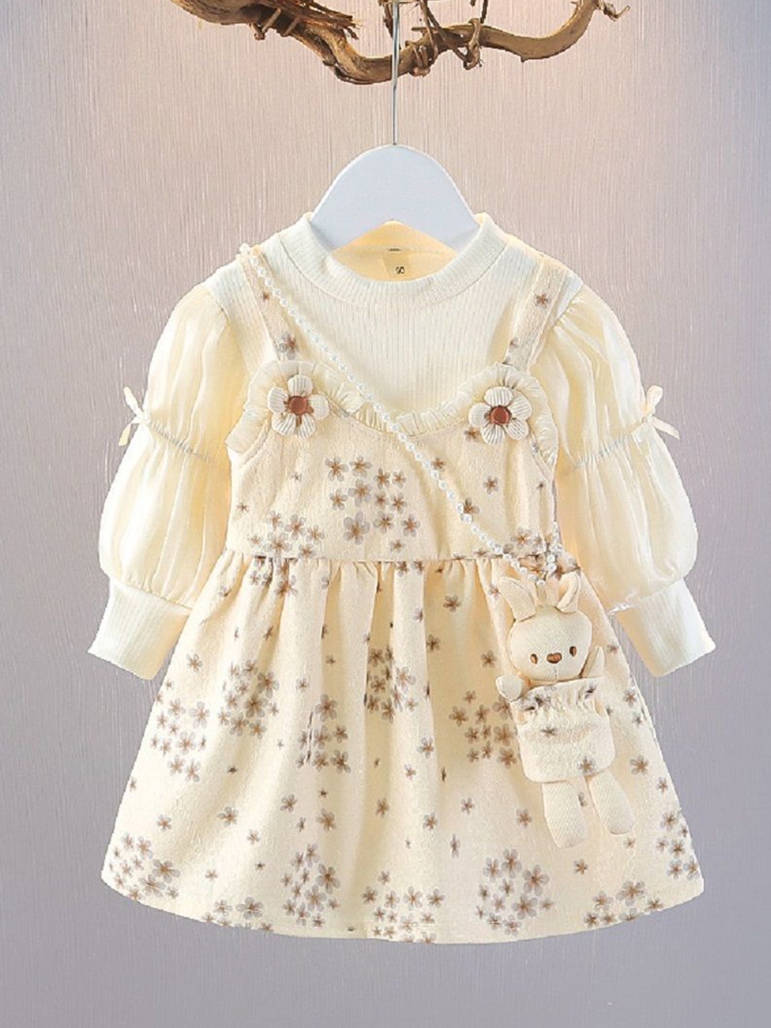 

YK Girls Floral Printed Cotton Fit & Flare Knee Length Dress, Cream