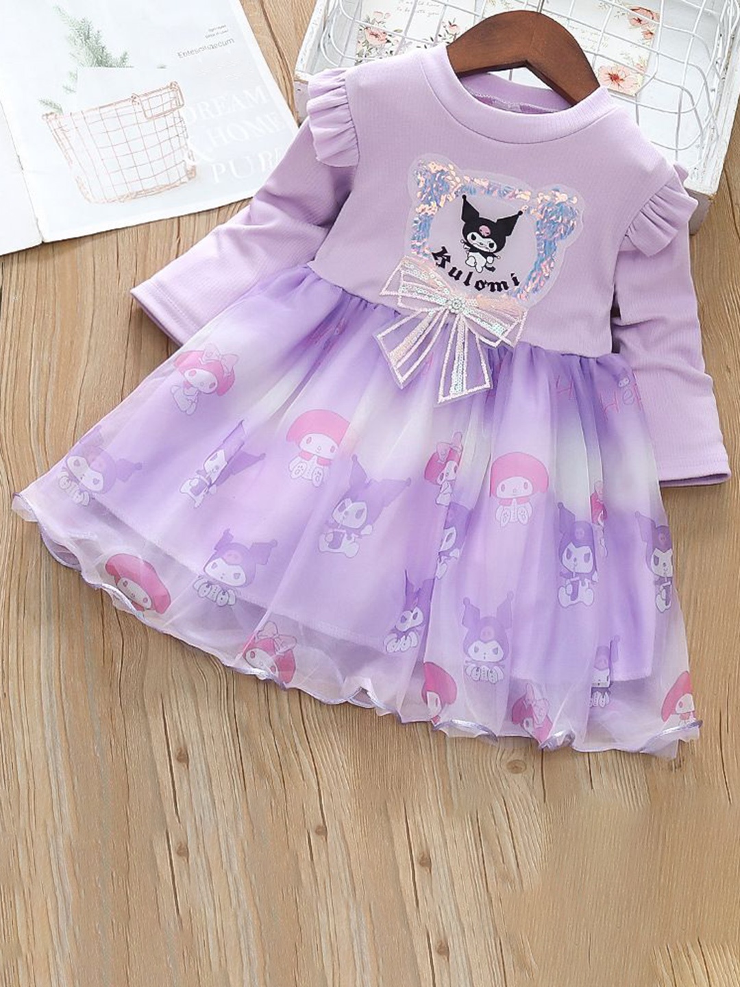 

YK Girls Graphic Printed Ruffles Cotton Fit & Flare Dress, Purple
