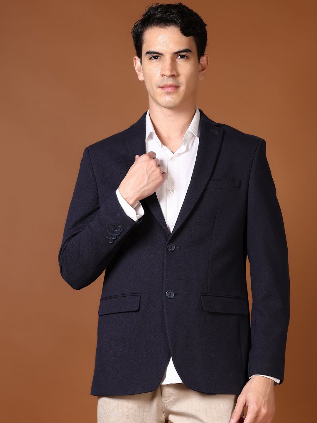 

V-Mart Self Designed Notched Lapel Single Breasted Formal Blazer, Navy blue