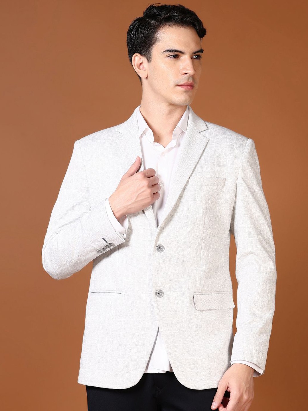 

V-Mart Checked Notched Lapel Single-Breasted Blazer, Grey