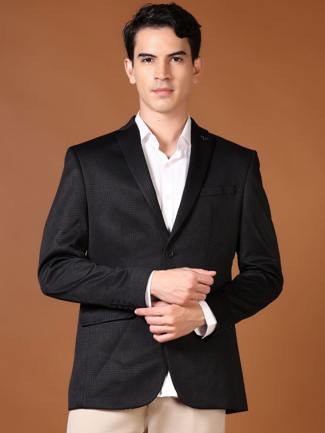 

V-Mart Checked Single-Breasted Formal Blazer, Black