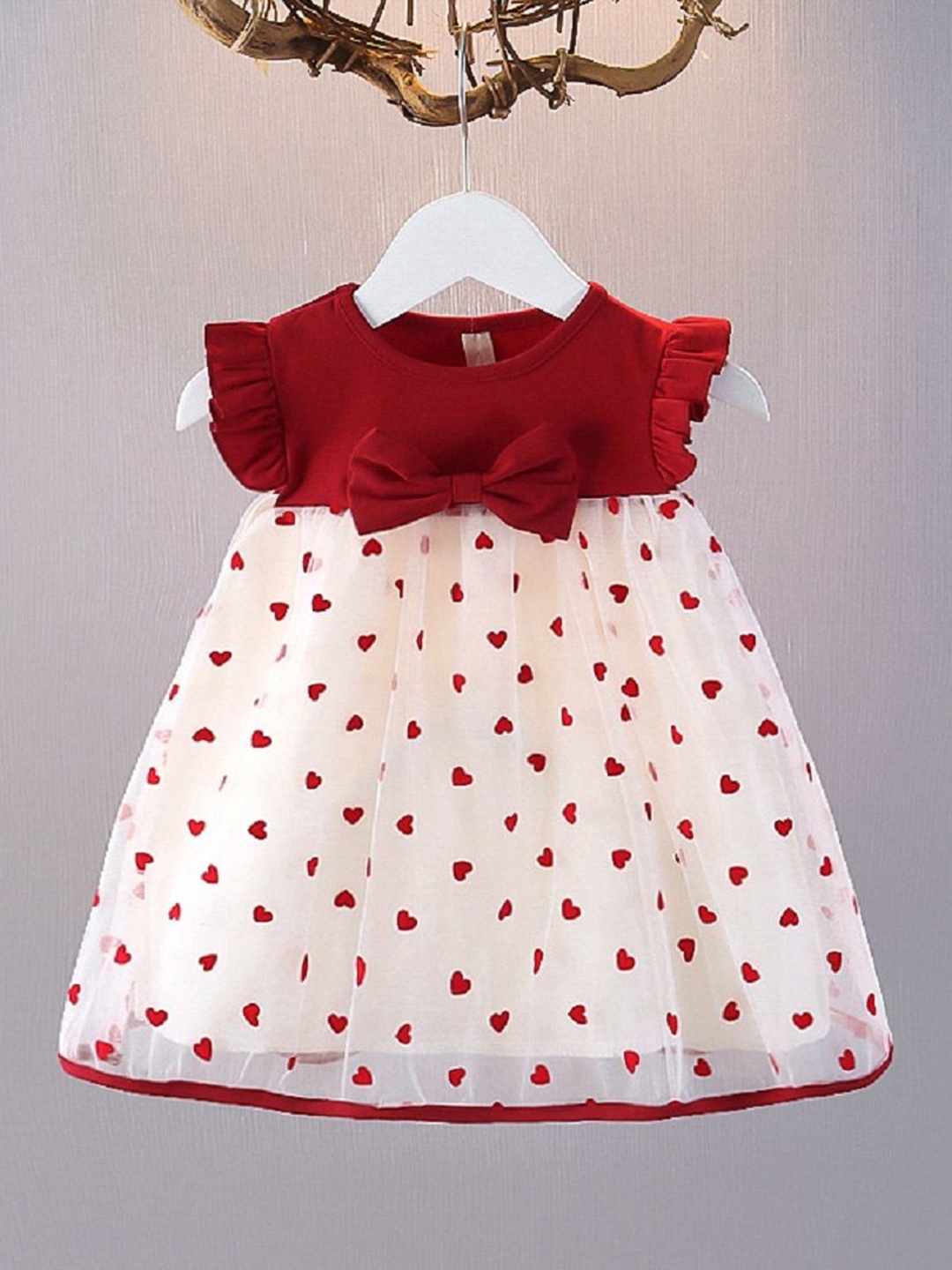 

YK Girls Polka Dot Printed Cotton Fit & Flare Dress, Red