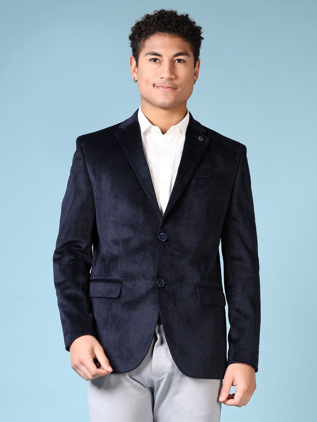 

V-Mart Notched Lapel Collar Single-Breasted Cotton Casual Blazer, Navy blue