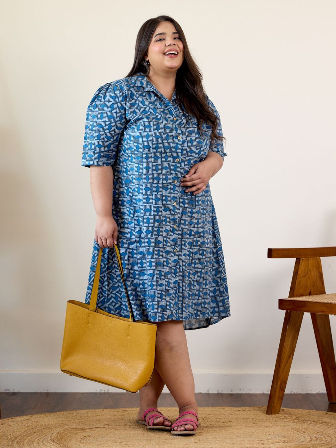 

NANGALIA RUCHIRA Women Plus Size Indigo Geometric Bagru Print Shirt Dress, Blue