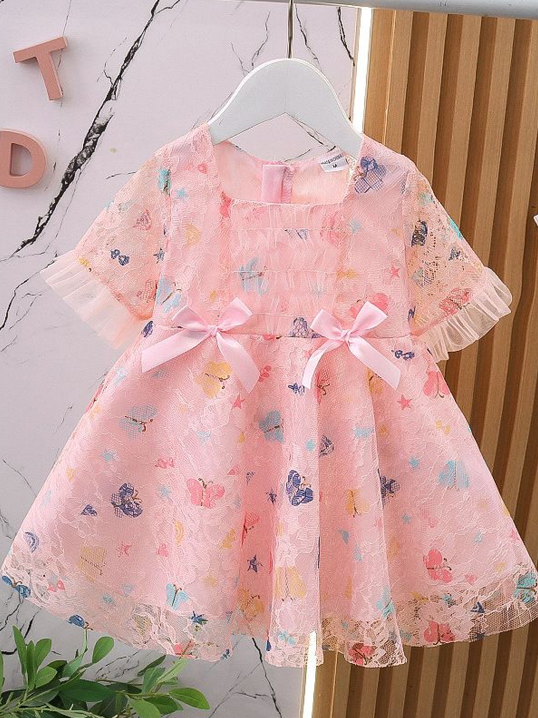 

YK Girls Conversational Self Design Cotton Fit & Flare Knee Length Dress, Pink