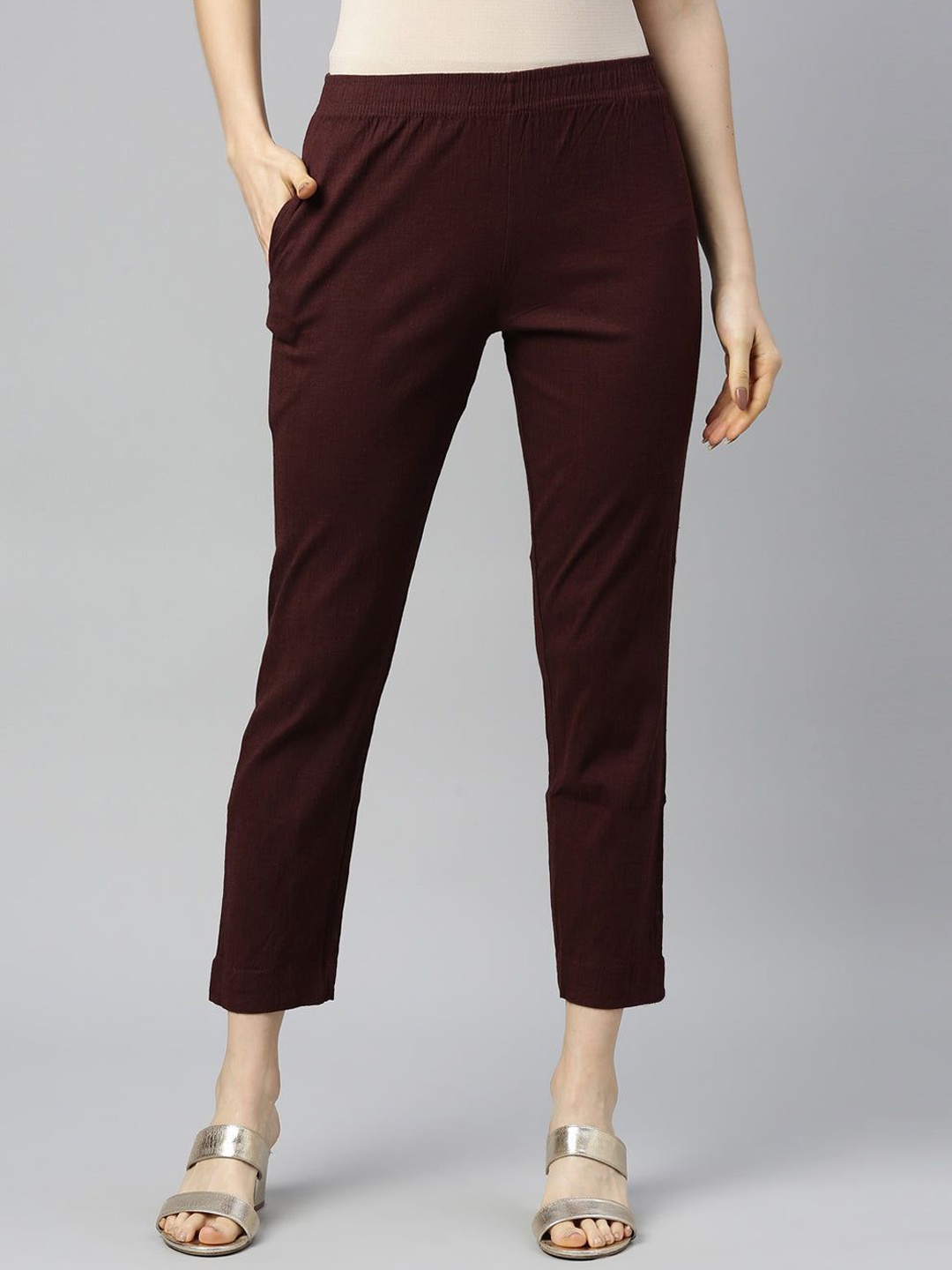 

IndianRang Women Pure Cotton Relaxed Mid-Rise Trousers, Coffee brown