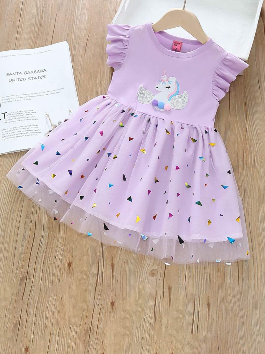 

YK Girls Flutter Sleeve Cotton Fit & Flare Dress, Purple