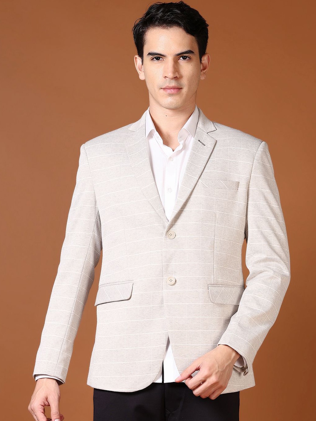 

V-Mart Checked Notched Lapel Single Breasted Blazer, Beige