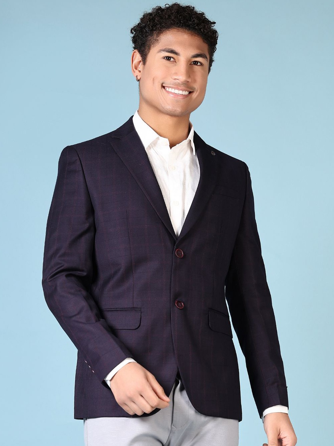 

V-Mart Checked Single-Breasted Blazers, Navy blue