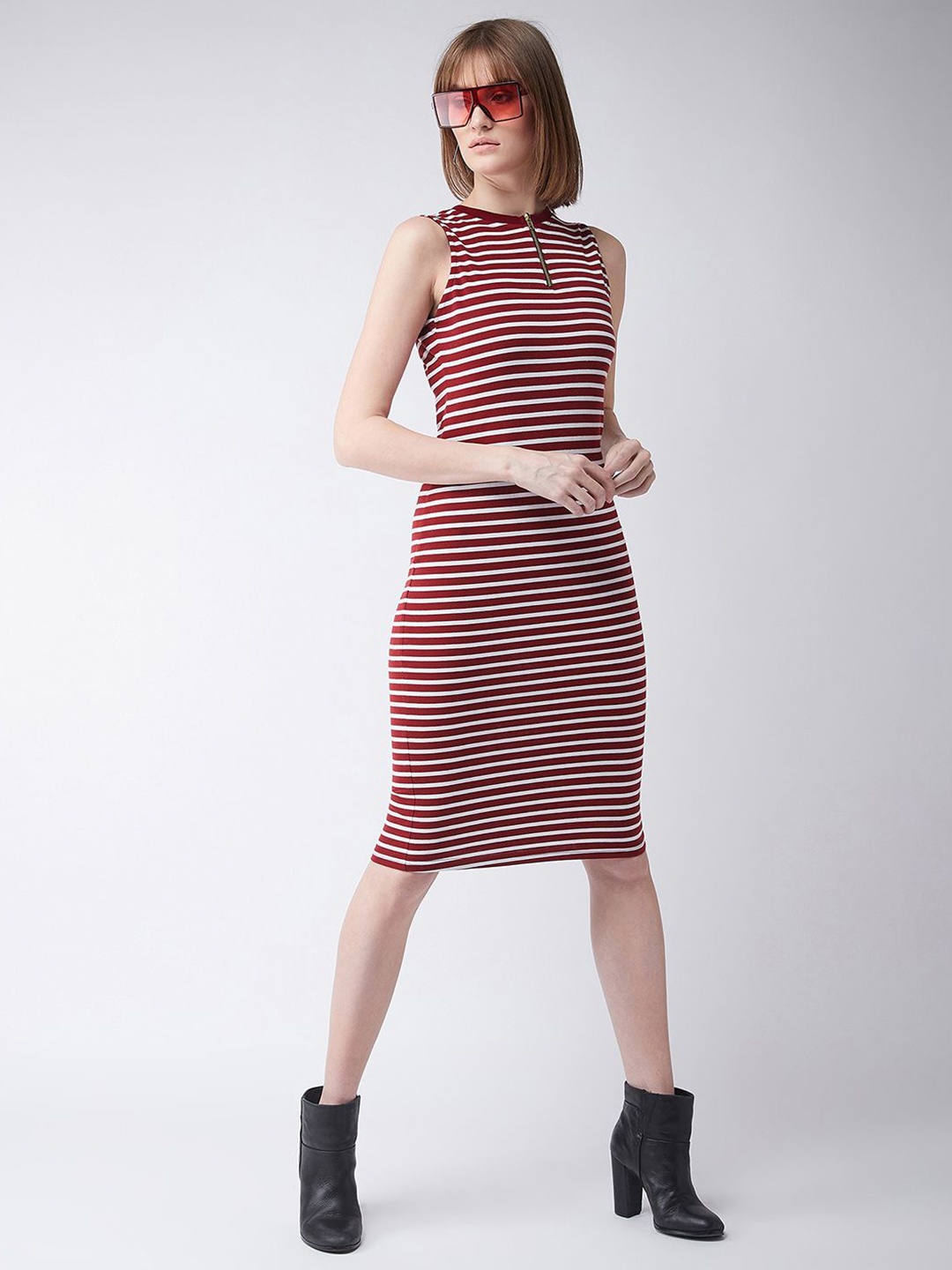 

The Roadster Lifestyle Co. Women Striped Pure Cotton Sleeveless Bodycon Dress, Maroon