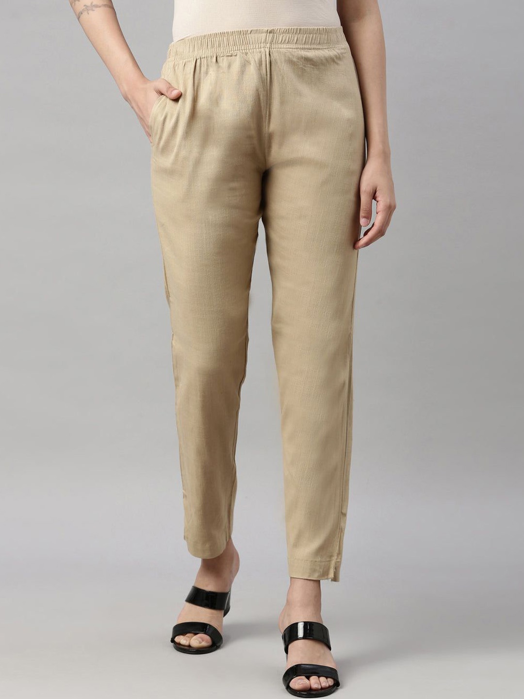 

IndianRang Women Cotton Regular Fit Relaxed Trousers, Beige