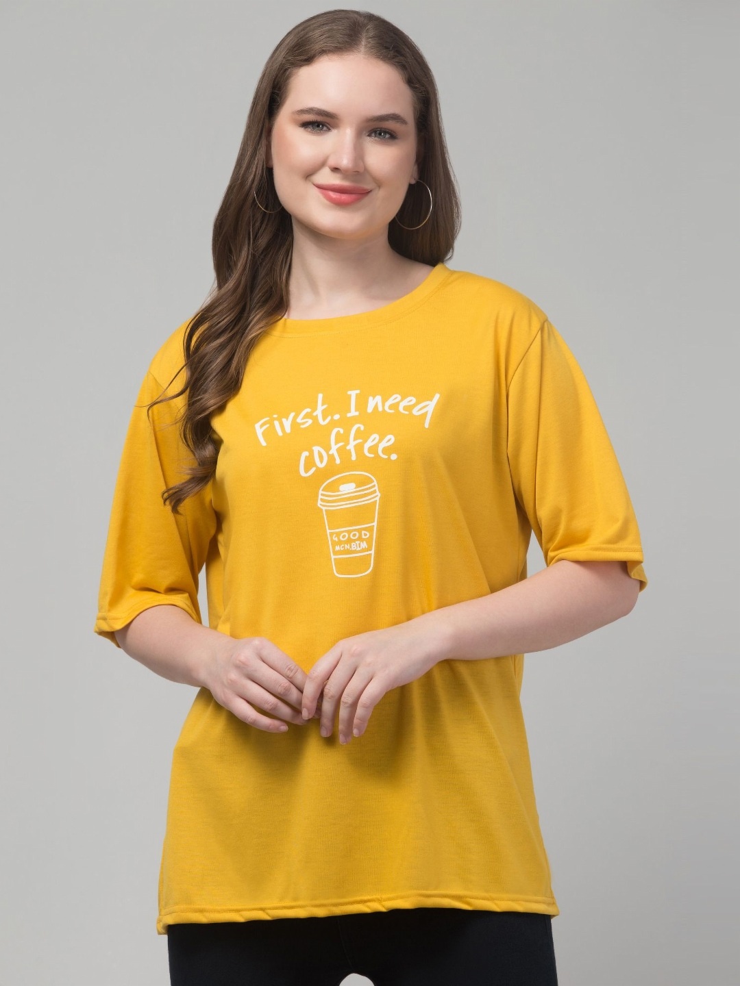 

CULPI Women Typography Printed Round Neck Cotton Relaxed Fit T-shirt, Mustard