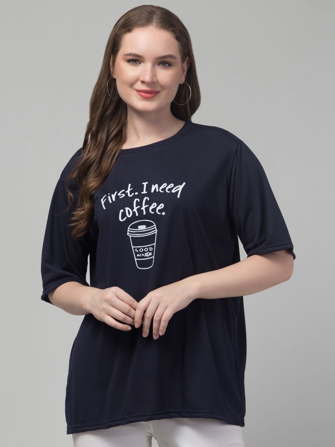 

CULPI Women Typography Printed Round Neck Cotton Relaxed Fit T-shirt, Navy blue