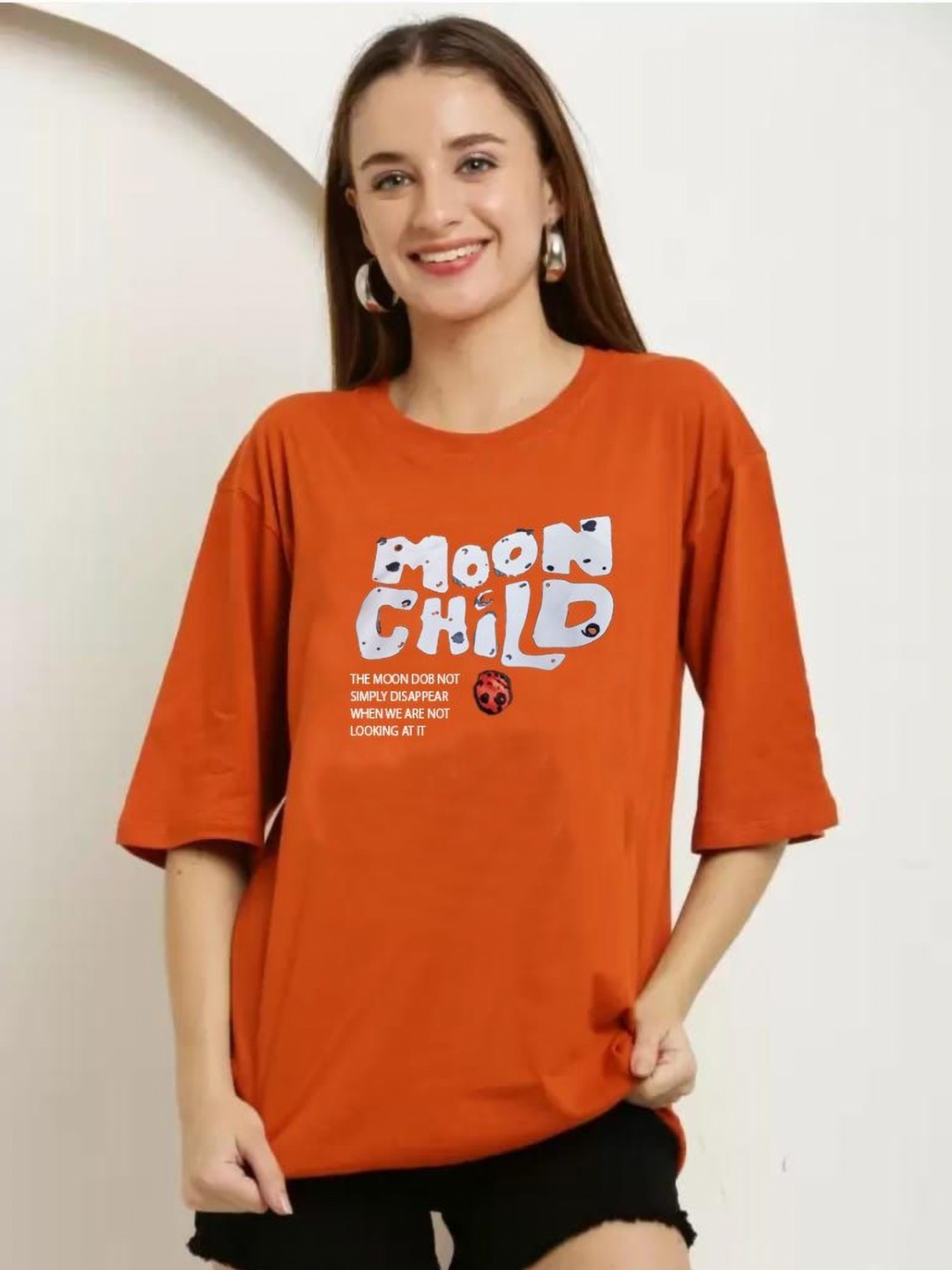 

Purser Women Typography Printed Round Neck Cotton Oversized T-shirt, Orange