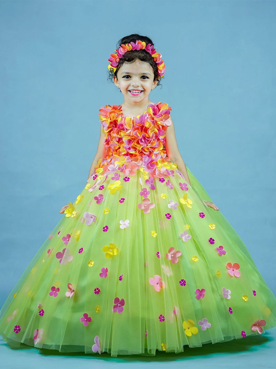 

Li & Li Boutique Girls Floral Net Maxi Dress, Lime green