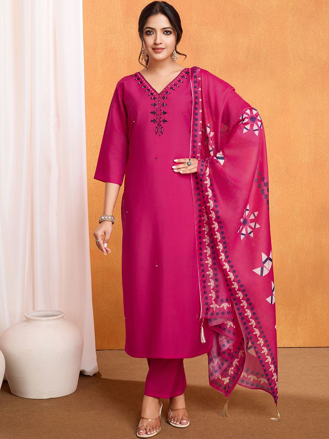 

Panzora Floral Embroidered Mirror Work Straight Kurta With Trousers & Dupatta, Pink
