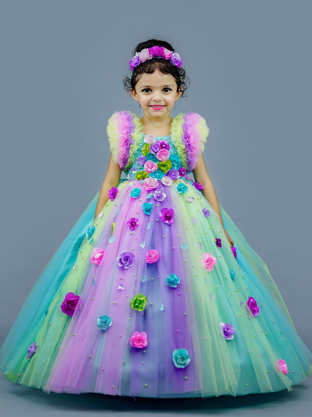 

Li & Li Boutique Girls Floral Net Gown Maxi Dress, Turquoise blue