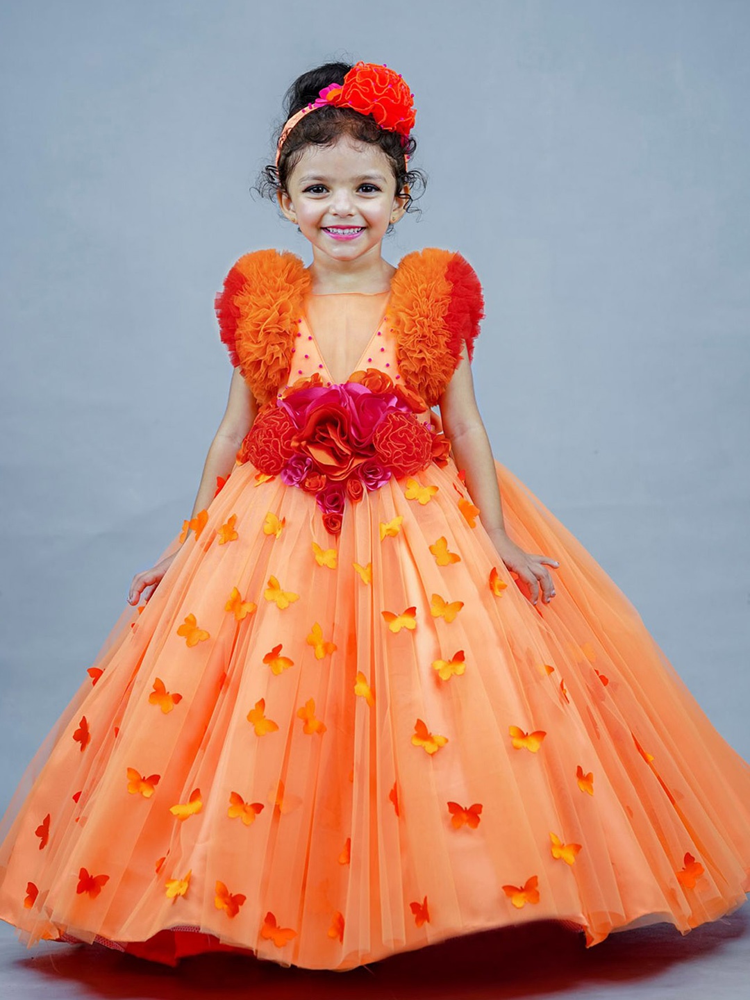 

Li & Li Boutique Girls Self Design Net Maxi Dress, Orange