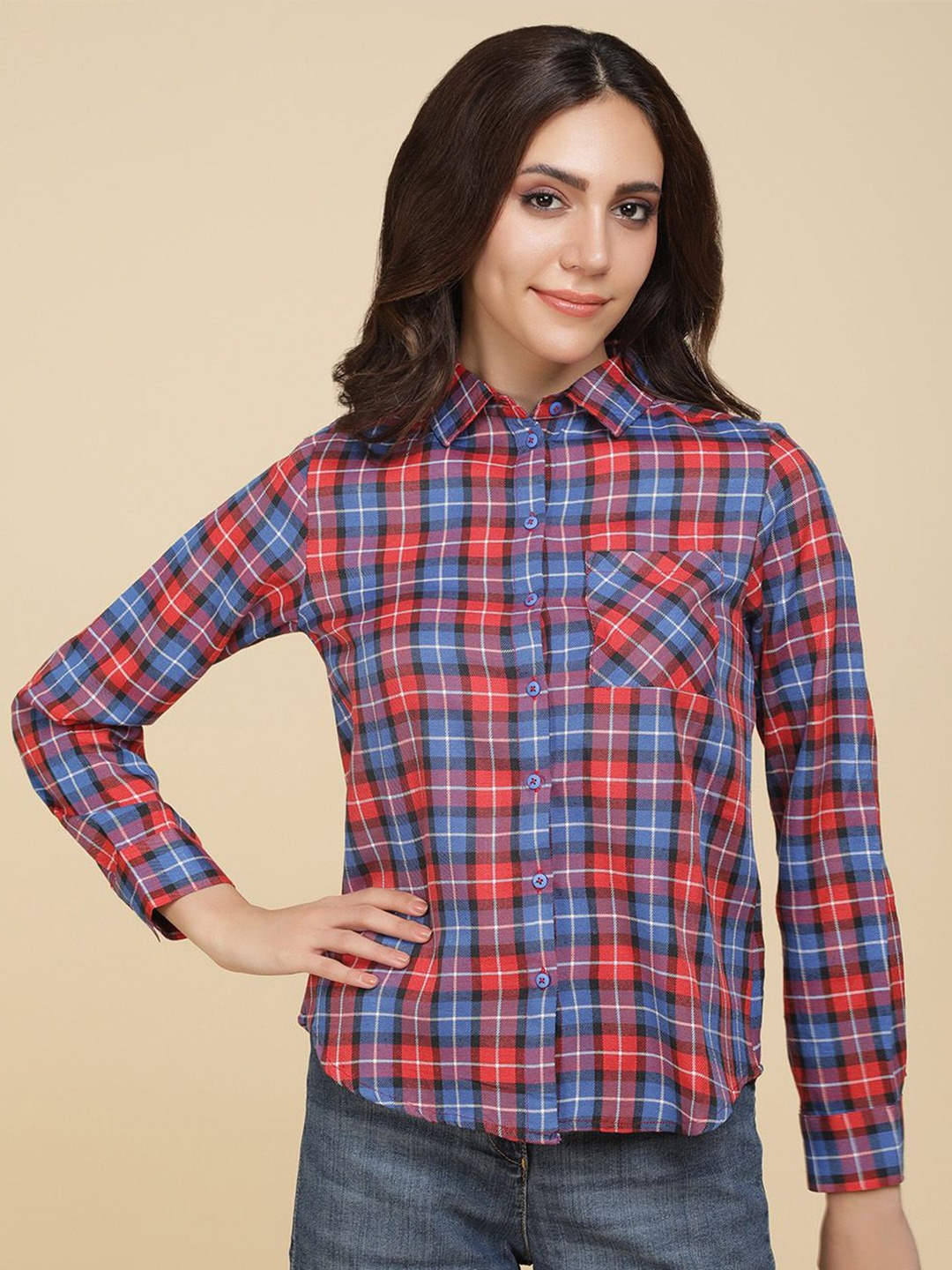 

DressBerry Women Spread Collar Tartan Checked Casual Shirt, Red