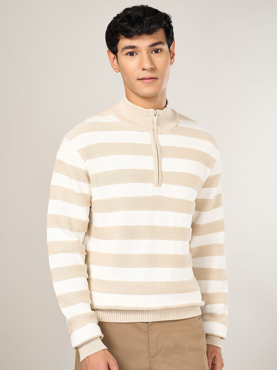 

BYFORD by Pantaloons Men Striped Cotton Pullover, Beige