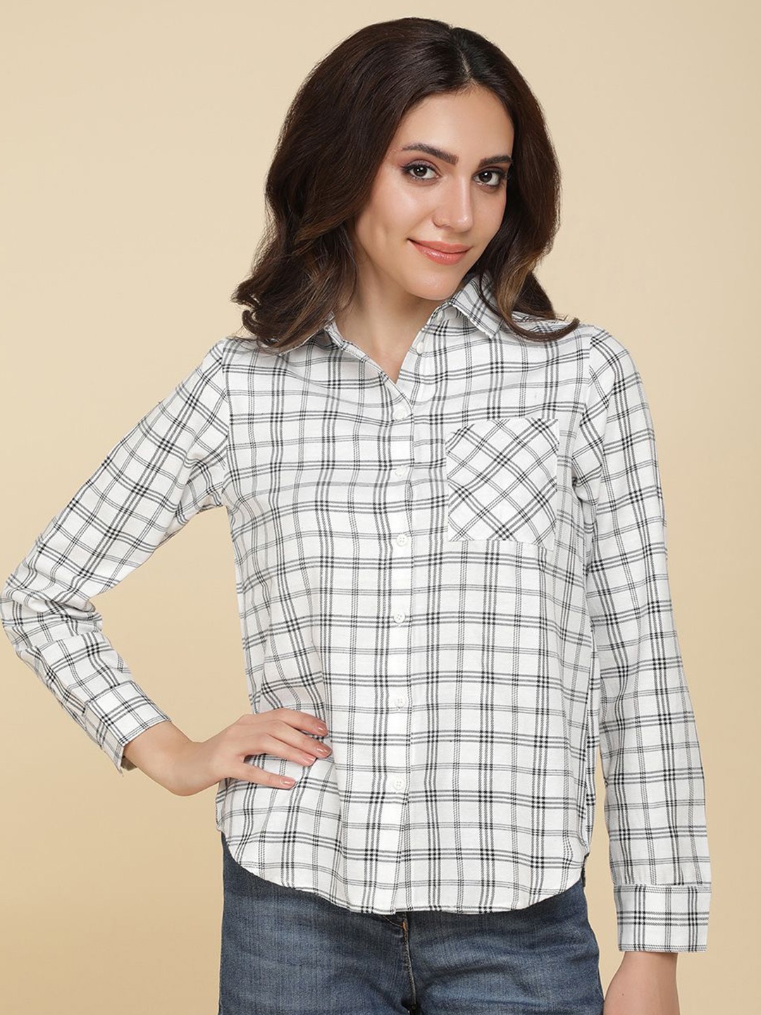 

DressBerry Women Spread Collar Tartan Checked Casual Shirt, White