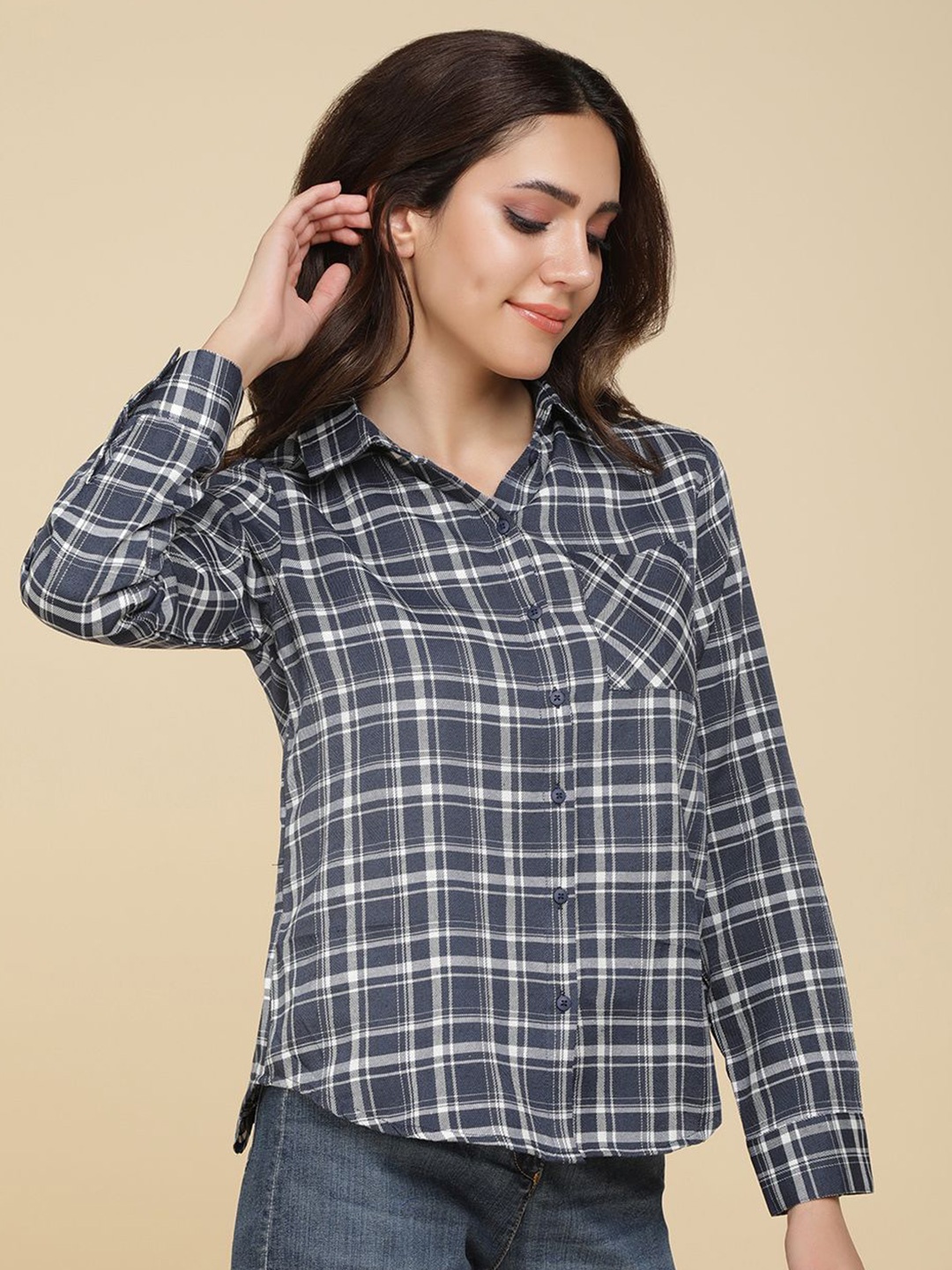 

DressBerry Women Spread Collar Tartan Checked Casual Shirt, Grey
