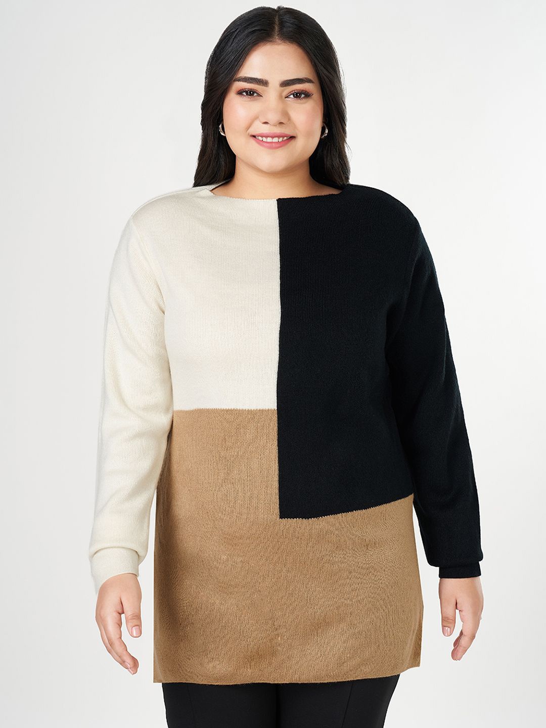 

Honey Curvytude by Pantaloons Women Colourblocked Longline Pullover, Black