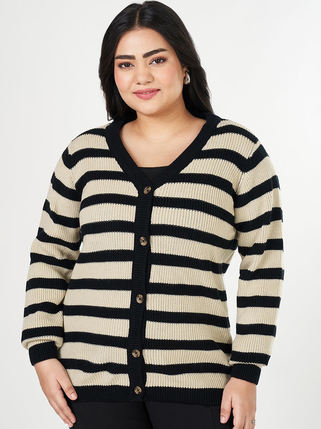 

Honey Curvytude by Pantaloons Women Plus Size Striped Long Sleeves Open Knit Cardigan, Beige