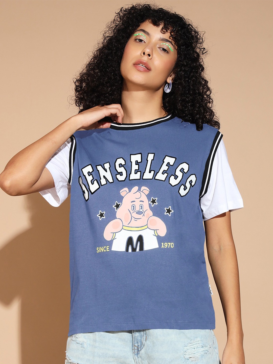 

The Dry State Women Typography Printed Round Neck Cotton Relaxed Fit T-shirt, Blue