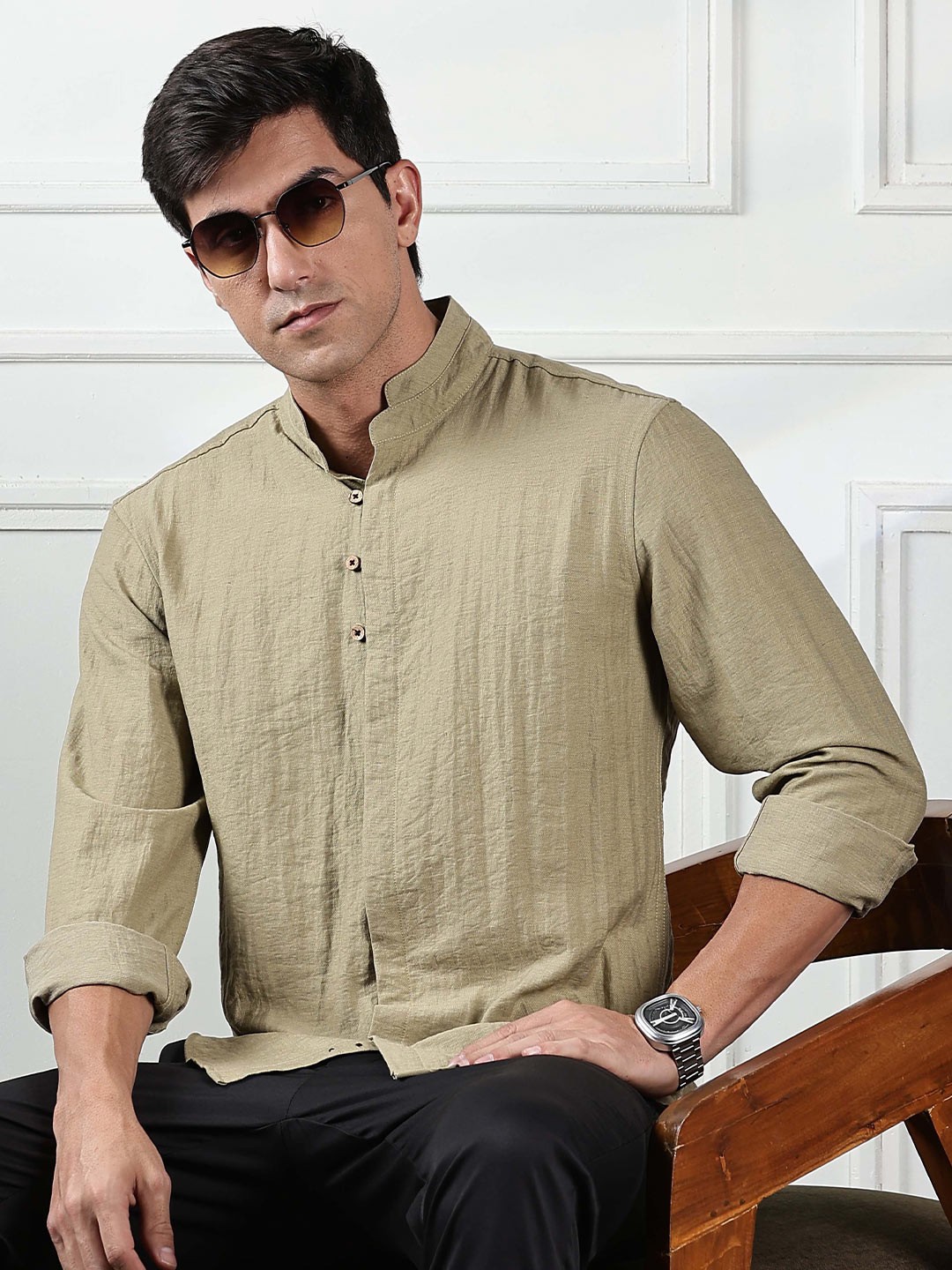 

HERE&NOW Men Slim Fit Mandarin Collar Textured Cotton Casual Shirt, Brown