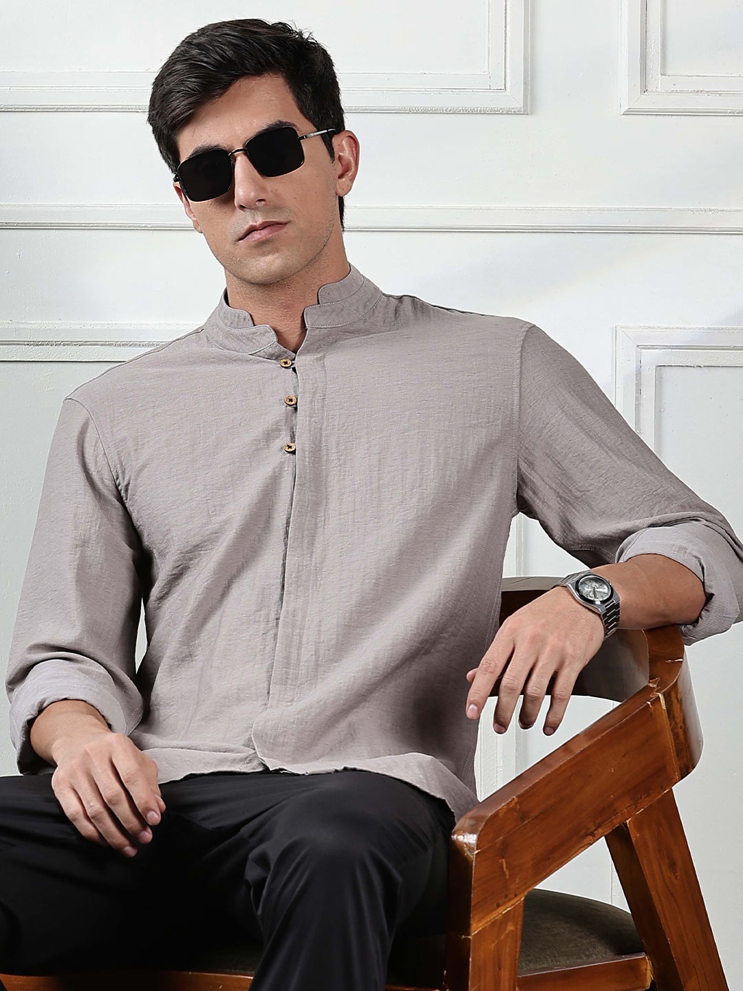 

HERE&NOW Men Mandarin Collar Solid Cotton Casual Shirt, Grey