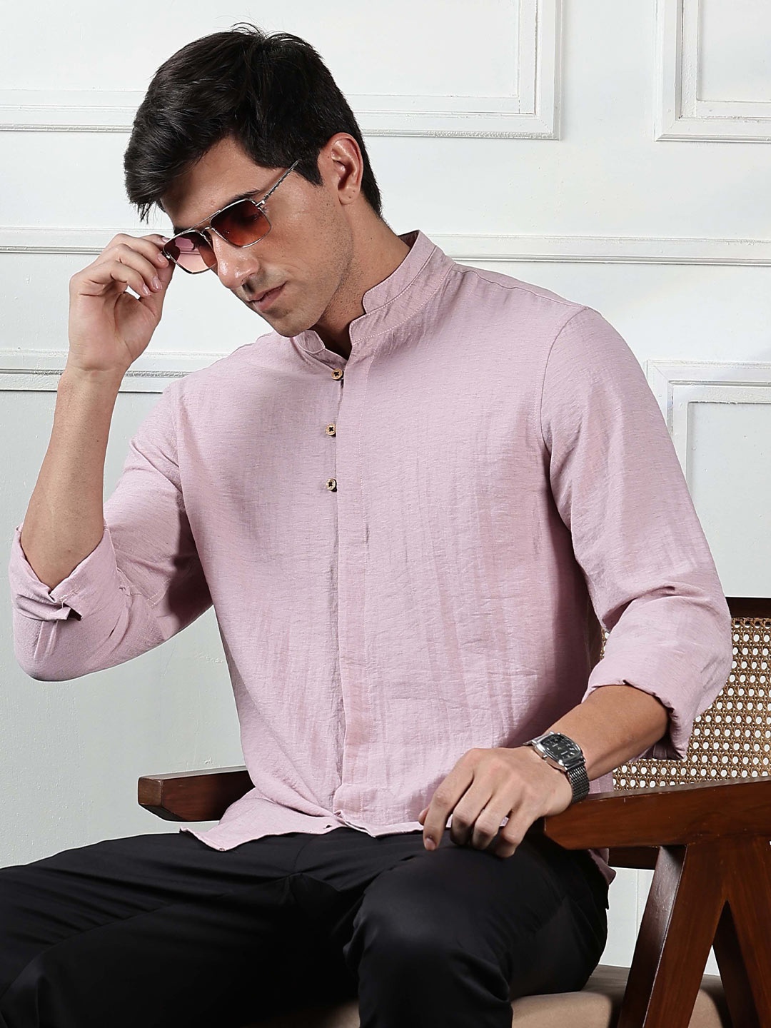 

HERE&NOW Men Mandarin Collar Solid Cotton Casual Shirt, Pink