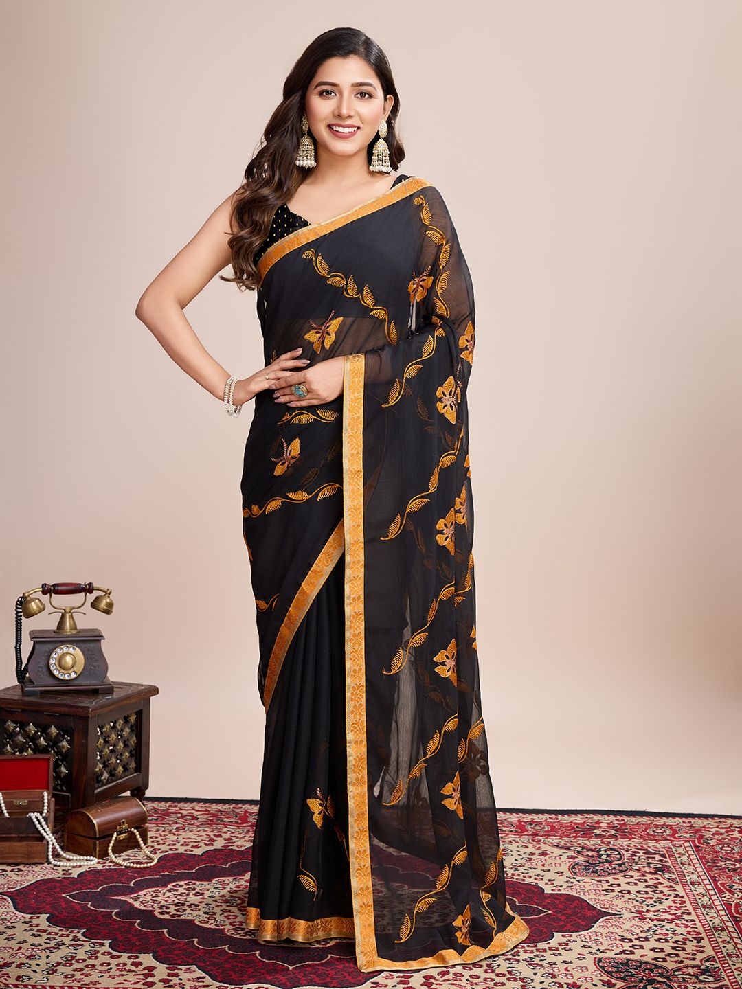 

SHOBHA SAREES Ethnic Motifs Embroidered Pure Georgette Saree, Mustard