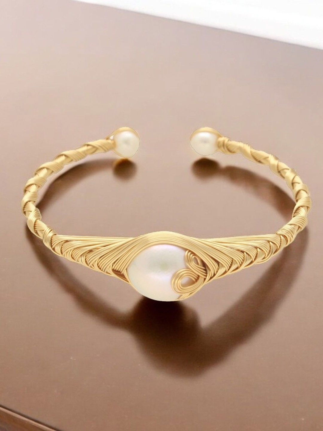 

Sri Jagdamba Pearls Dealer Gold-Plated Opal & Pearl Cuff Bracelet