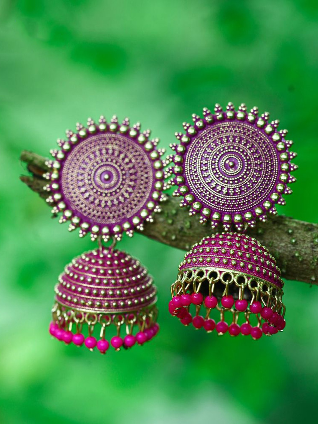

DIVASTRI Gold-Plated Beaded Dome Shaped Jhumkas, Pink