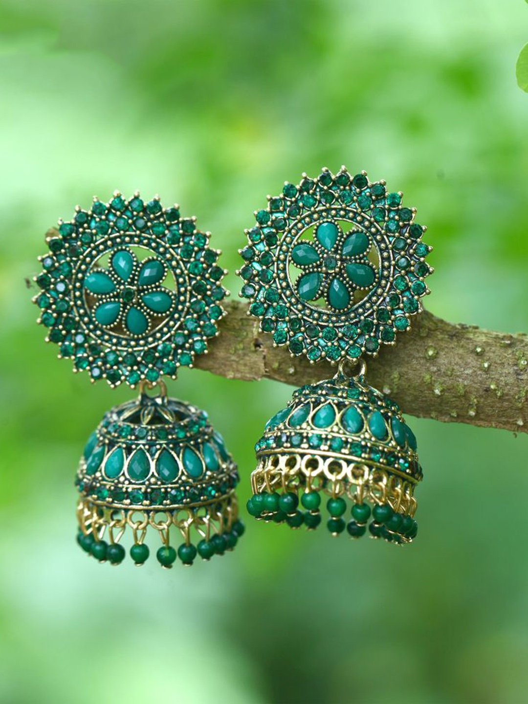 

DIVASTRI Gold-Plated Stone Studded & Beaded Dome Shaped Jhumkas, Green