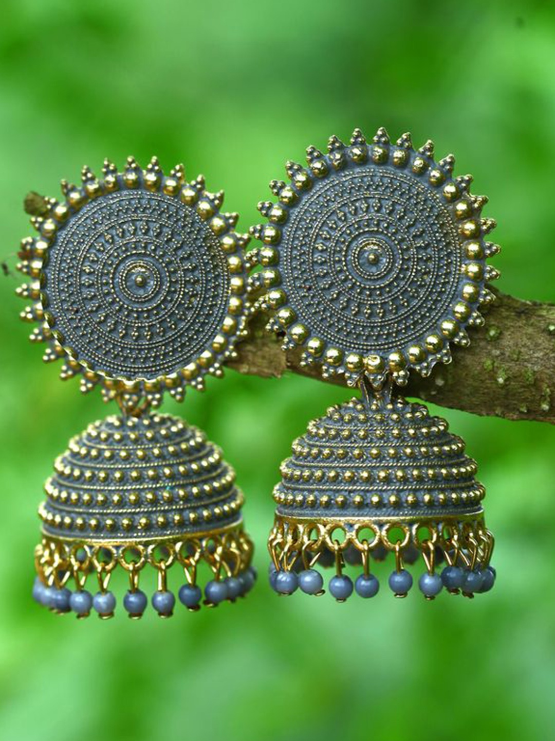 

DIVASTRI Gold Plated Artificial Stones and Beads Circular Jhumkas, Grey