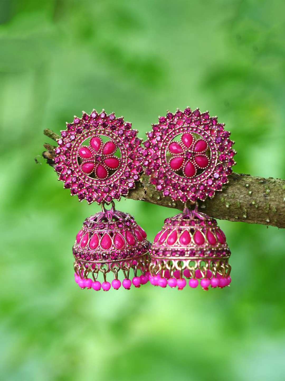 

DIVASTRI Gold-Plated Stone Studded & Beaded Dome Shaped Jhumkas, Pink