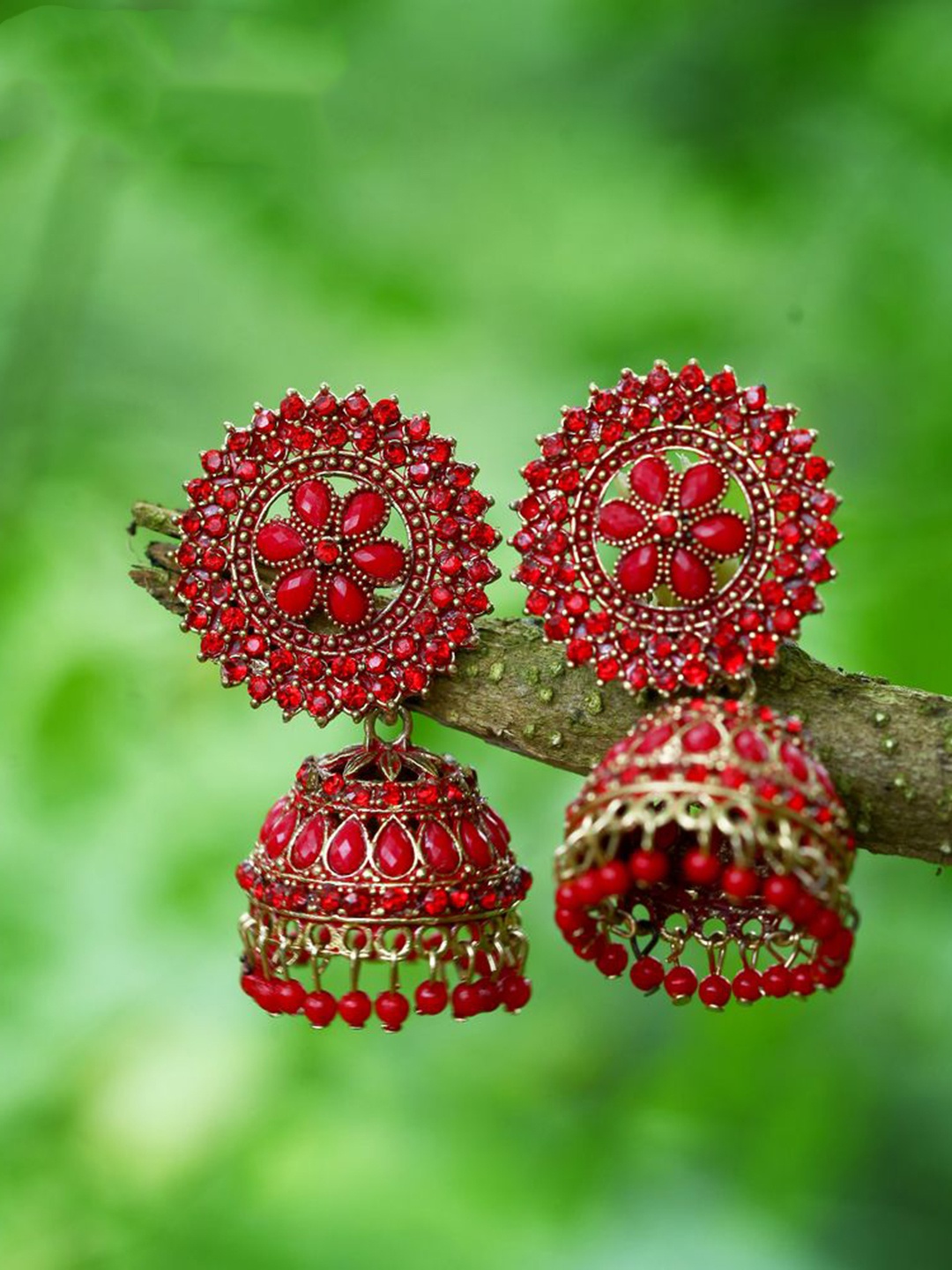 

DIVASTRI Gold-Plated Stone Studded & Beaded Dome Shaped Jhumkas, Red