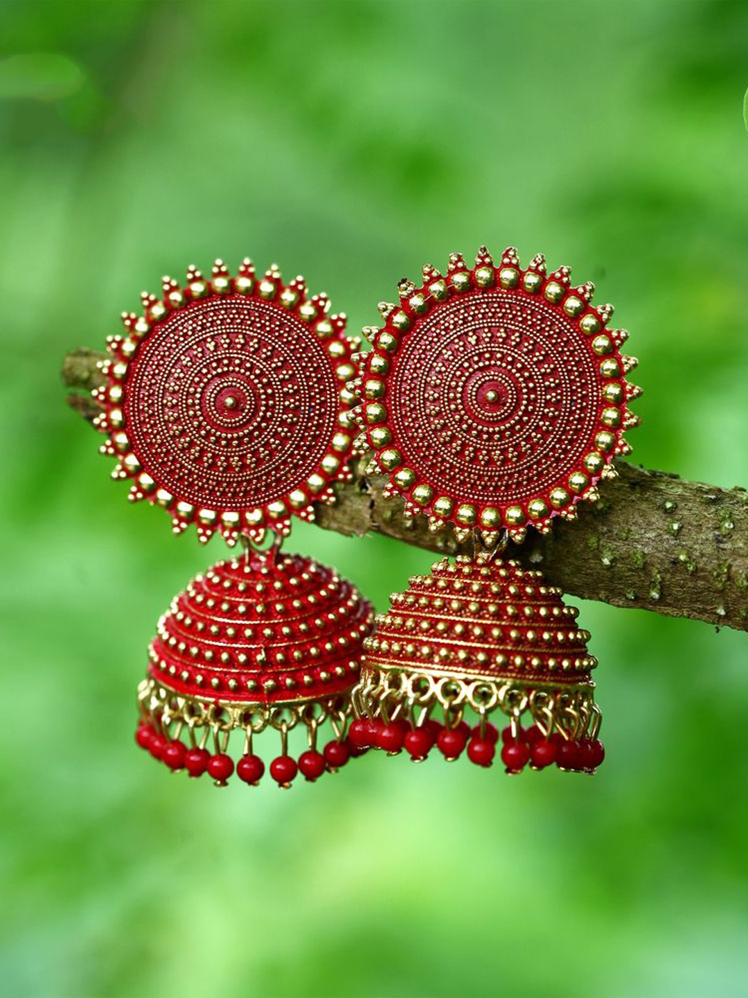 

DIVASTRI Gold-Plated Beaded Dome Shaped Jhumkas, Red