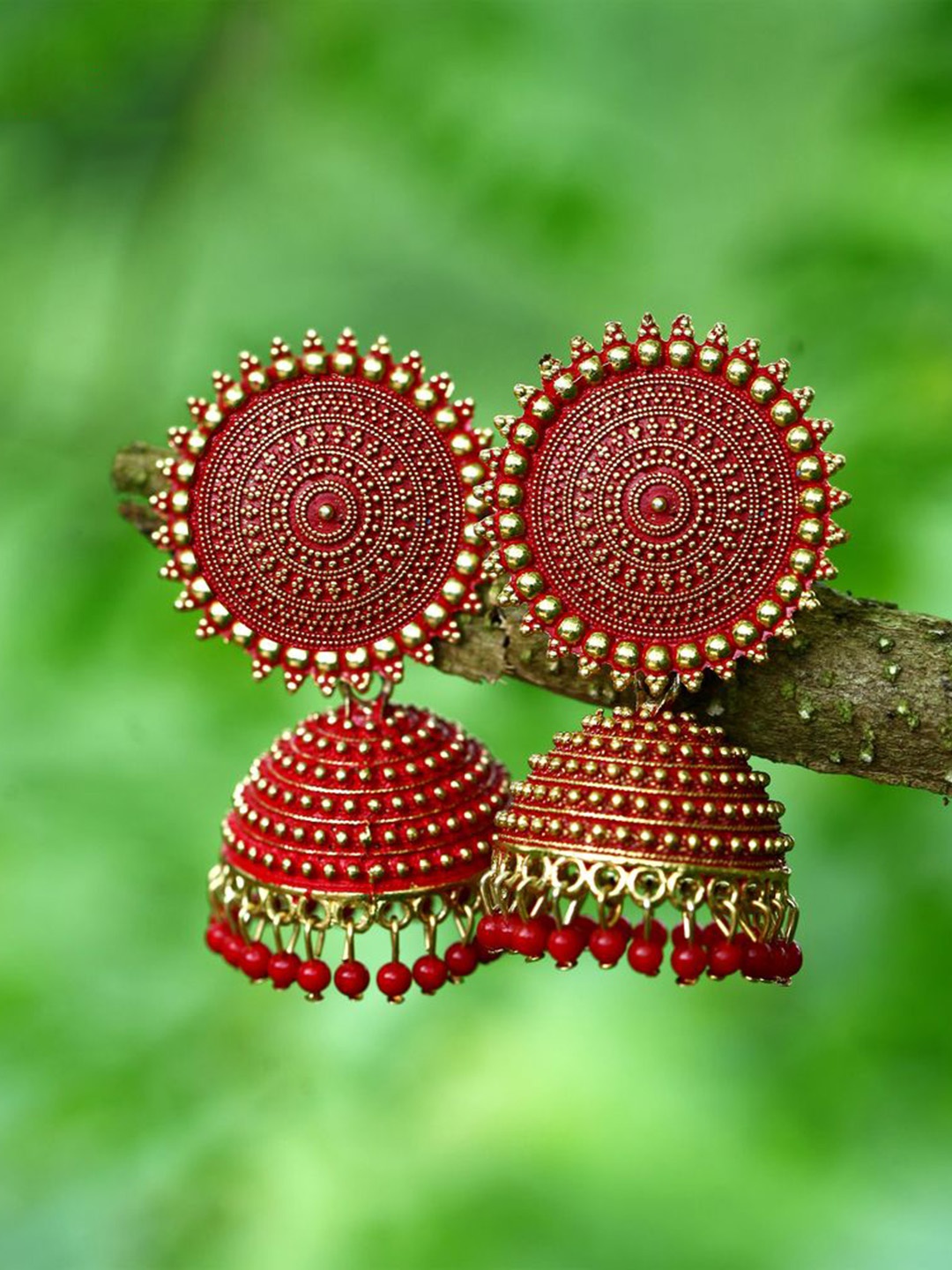 

DIVASTRI Gold-Plated Beaded Dome Shaped Jhumkas, Red