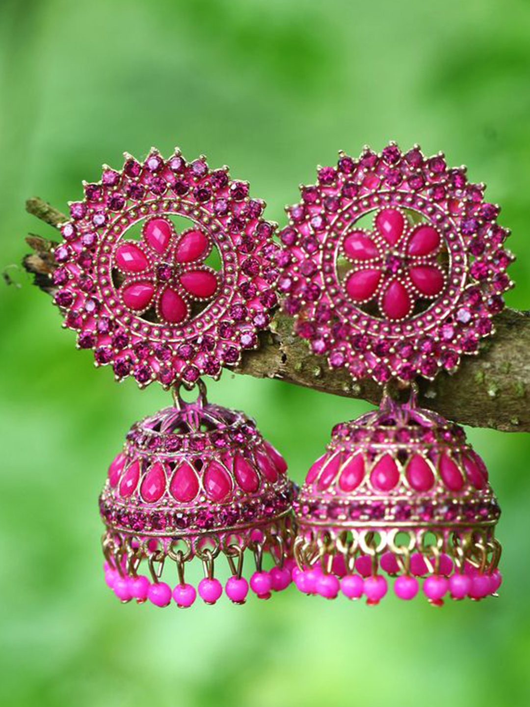 

DIVASTRI Gold Plated Artificial Stones and Beads Circular Jhumkas, Pink