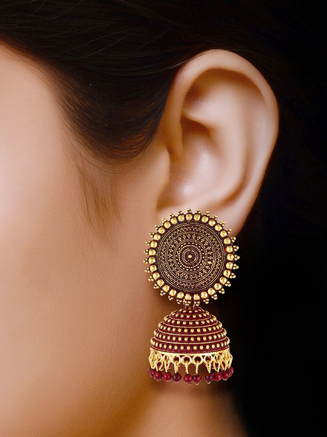 

DIVASTRI Gold Plated Artificial Stones and Beads Circular Jhumkas, Maroon