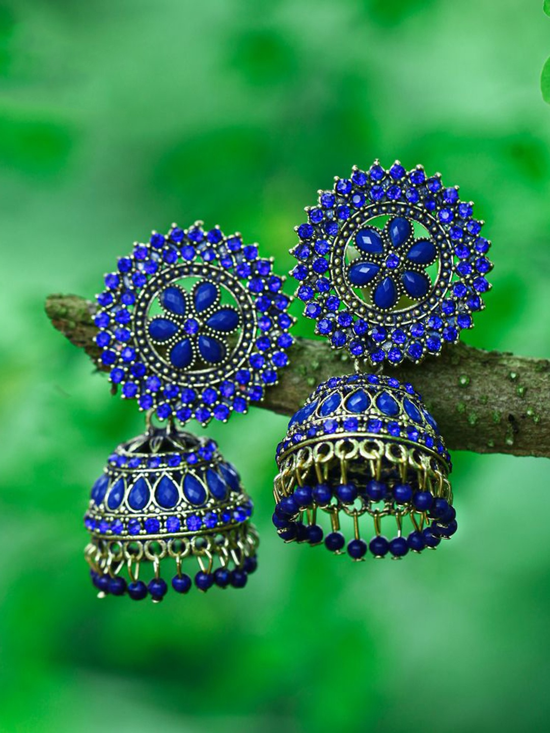 

DIVASTRI Gold-Plated Stone Studded & Beaded Dome Shaped Jhumkas, Blue